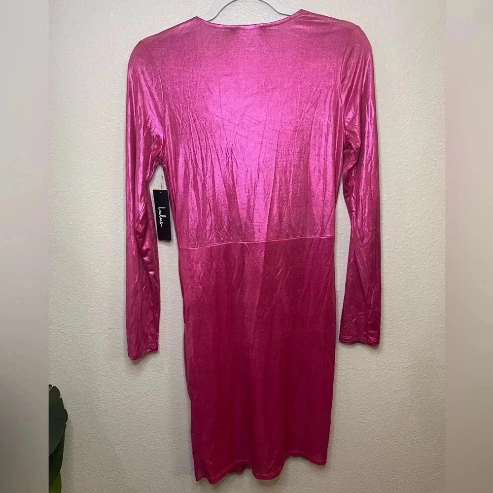 NWT Lulus Glow Like Me Hot Pink Metallic Twist-Front Long Sleeve Dress - Picture 10 of 13
